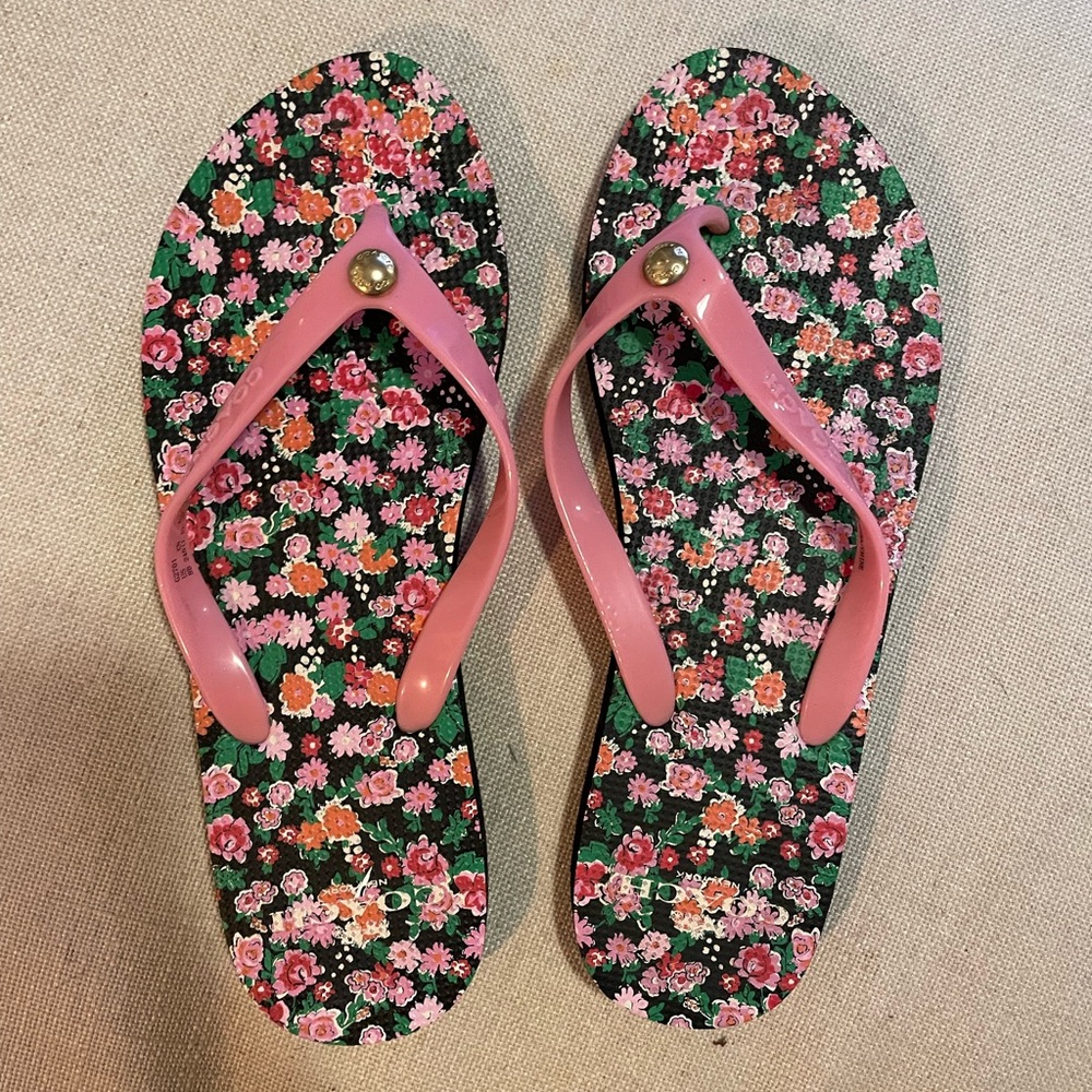 Coach Flip Flops, pink with floral bottom, size 7-8